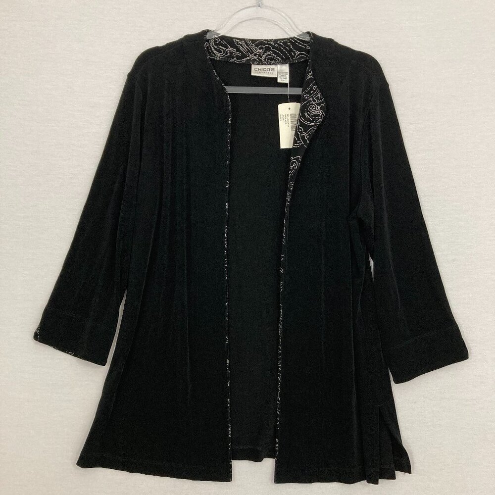 New Chico's Travelers Black Open Front Slinky Knit Stretch Comfy Jacket XL/3